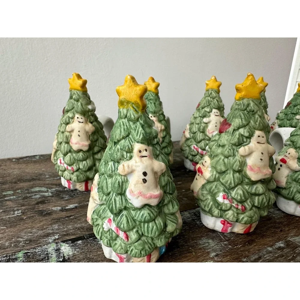 Vintage Set‎ of 8 Ceramic Christmas Tree Napkin Rings Holiday Table Decor